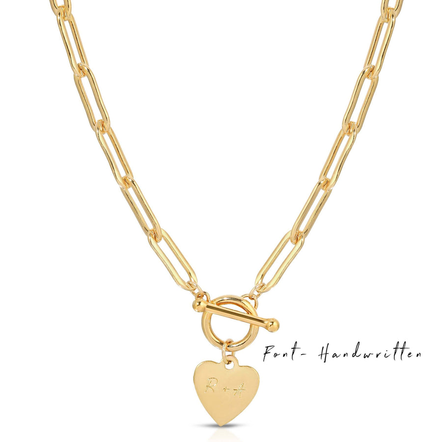 Ale Weston Heart Link Chain Engravable Toggle Necklace  14k Gold filled,Font Handwritten