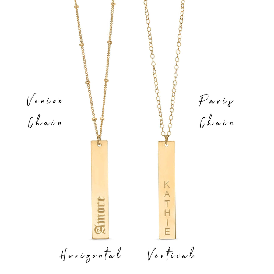    Ale-Weston-Bespoke-Vertical-Bar-Necklace-Venice-Chain-Paris-Chain-Engravable 14k gold filled
