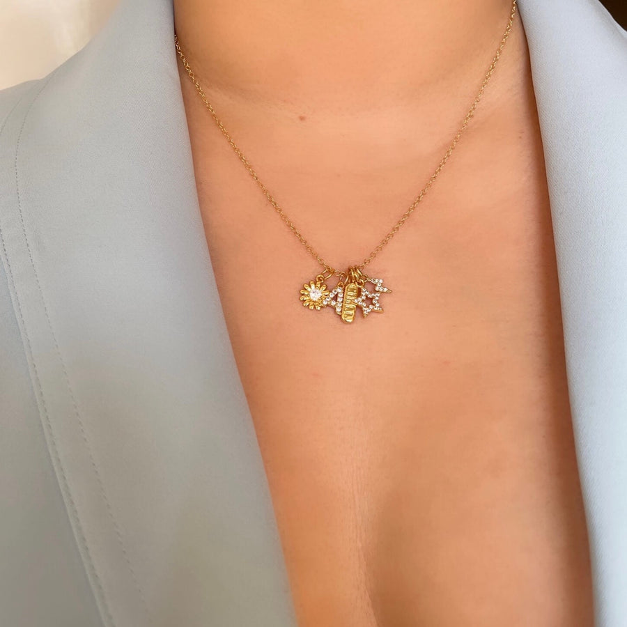 Ale Weston Fiesta Charms, Daisy CZ Charm, Pave Letter Charm, Chill Pill Charm, Star Charm, Lightning Bolt Charm, 14k Gold Filled Cable Chain Necklace