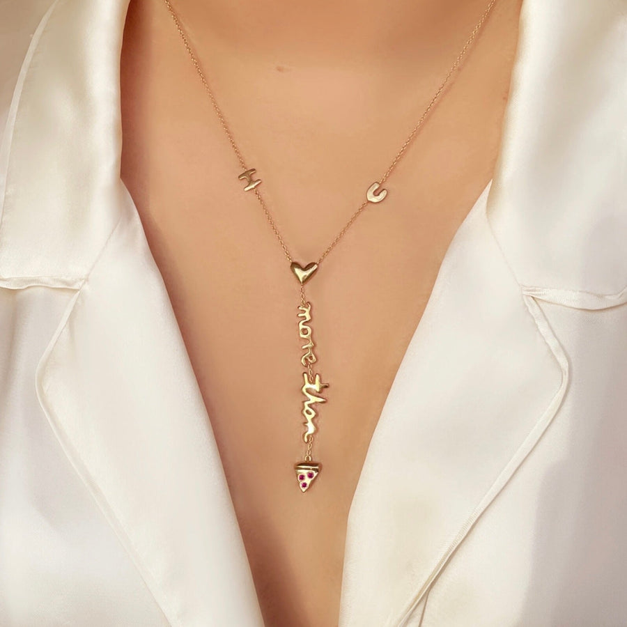     Ale-Weston-I-love-you-more-than-pizza-lariat-necklace-14k-yellow-gold