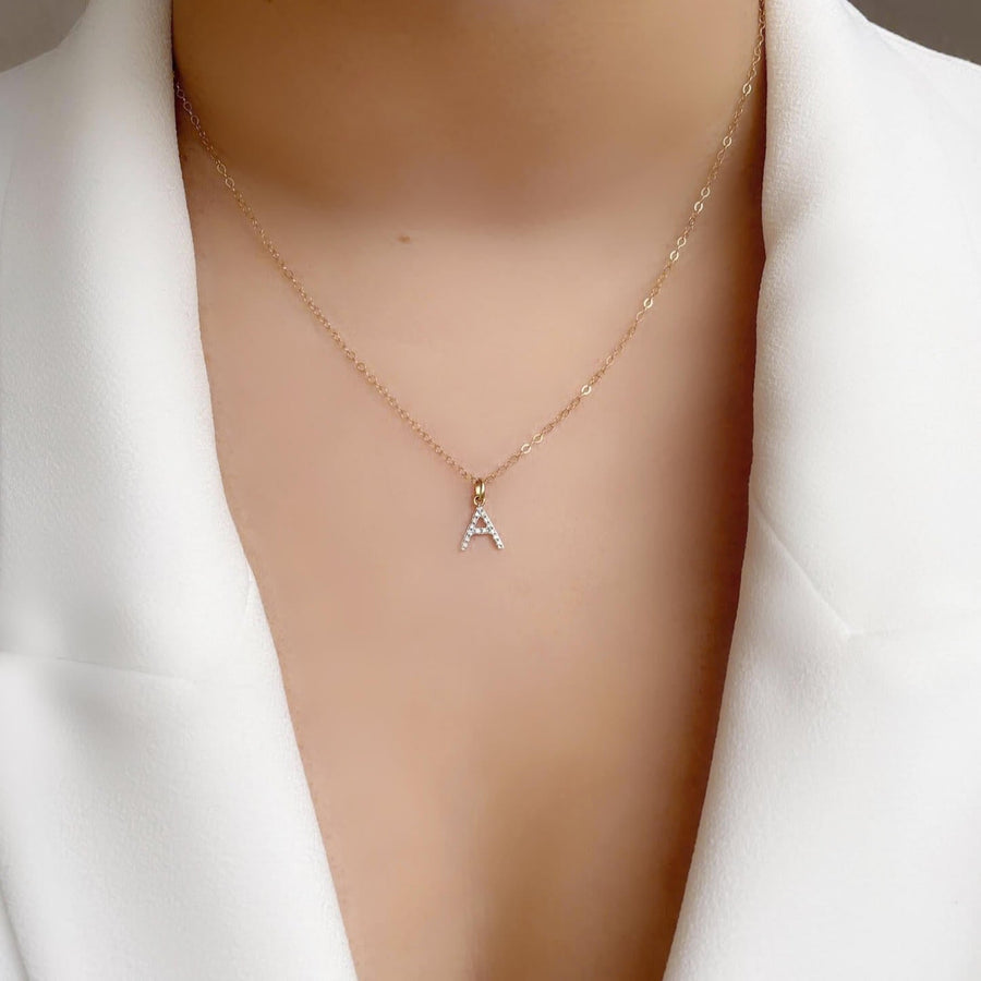 Model Wearing Ale Weston, 14k Gold Basic Chain Necklace with Initial Pave Diamond Charm - letter A