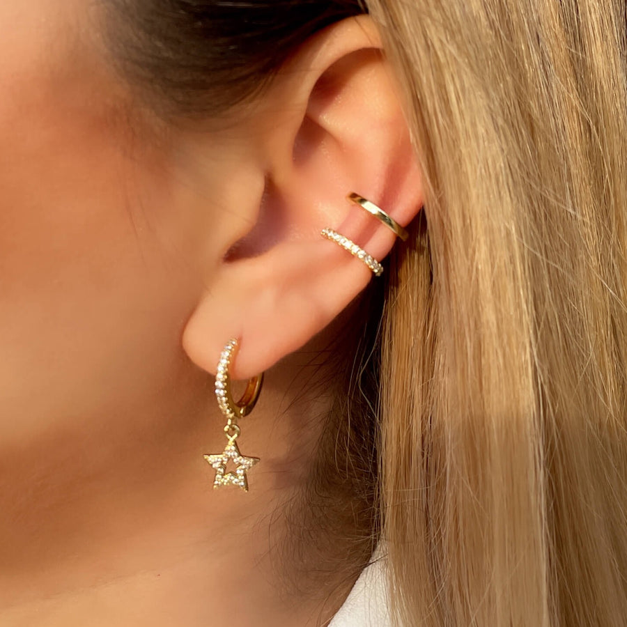 Ale-Weston-Model-Wearing-Double-CZ-Pave-Ear-Cuff-Star-CZ-Pave-Huggie-Hoop-Earrings