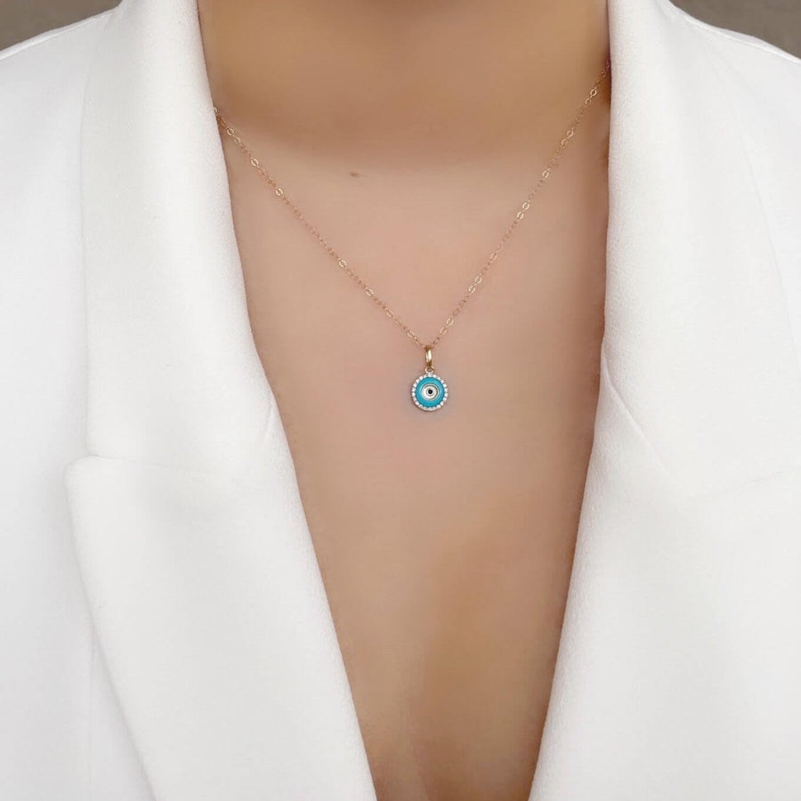 Model Wearing Ale Weston, 14k Gold Basic Chain Necklace with Evil Eye Turquoise Pave Diamond Charm