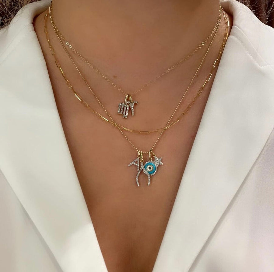 Ale Weston Story Charms Collection, Zodiac Diamond Pave Charm, Ale Weston Forever You Letter Charm (A), Star Pave Diamond Charm, Whishbone Pave Diamond Charm, Evil Eye Turquoise Pave Diamond Charm, Layering Look