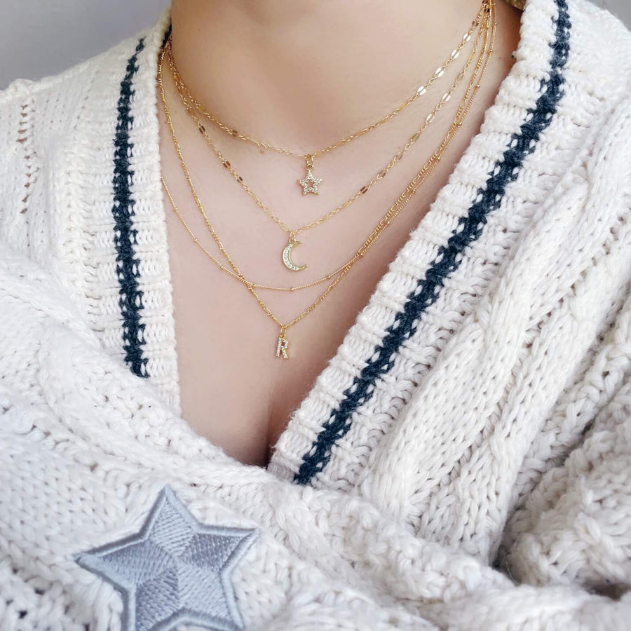 Ale Weston Sparkle Tiny Star and Crecent Moon Pave Necklace, Initial Pave Necklace andSatellite Chain Necklace