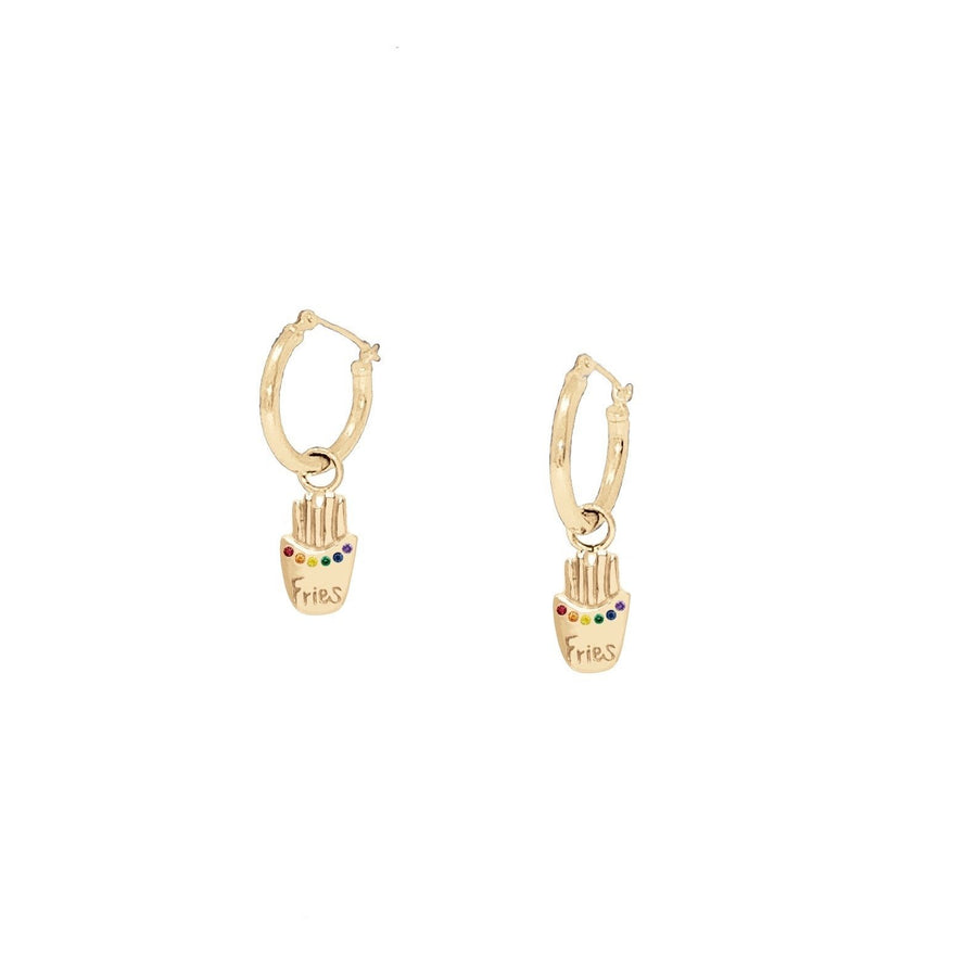 Ale Weston 14k Yellow Gold Fries Charm, Pride style, with 14k Gold Tube Hoop Earrings 14mm