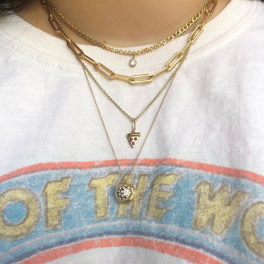 Ale Weston 14k gold Basic Chain Necklace with Initial Pave Diamond Charm Letter A and Diamond Cheeseburger Necklace