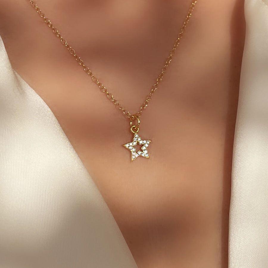 Close Up of Model wearing Ale Weston Star CZ Pave Charm with cable necklace