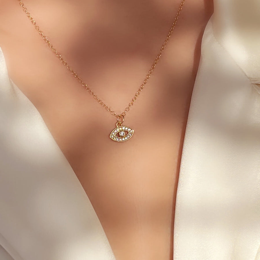 Close Up of Model Wearing Ale Weston Evil Eye CZ Pave Charm with cable chain necklace