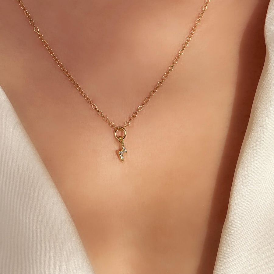 Close Up of Model Wearing Ale Weston Lightning Bolt CZ Pave Charm With Cable Chain Necklace