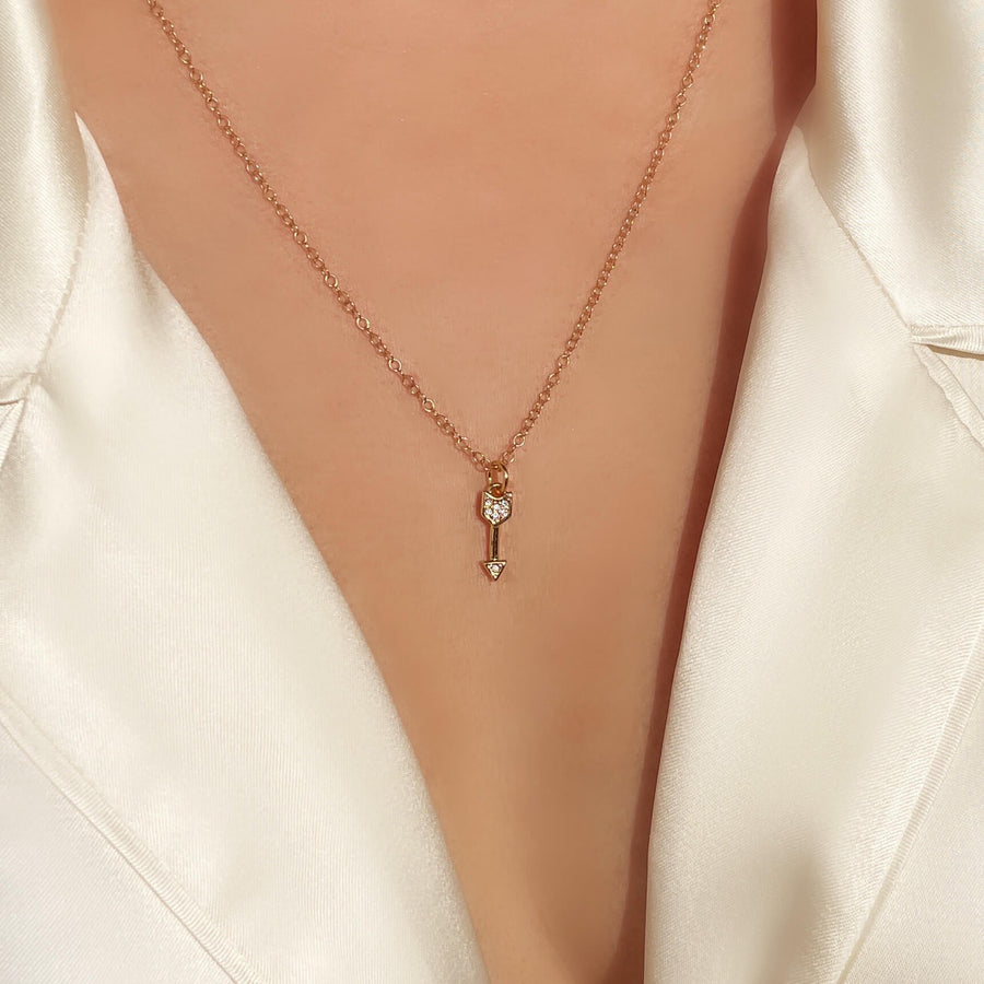 Model Wearing Ale Weston Dainty Arrow CZ Pave Charm with cable chain necklace