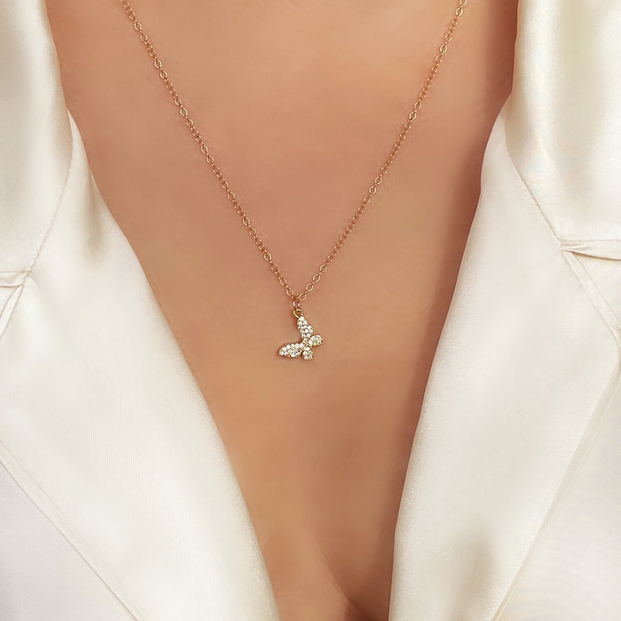 Model Wearing Ale Weston Butterfly CZ Pave Charm with cable chain necklace
