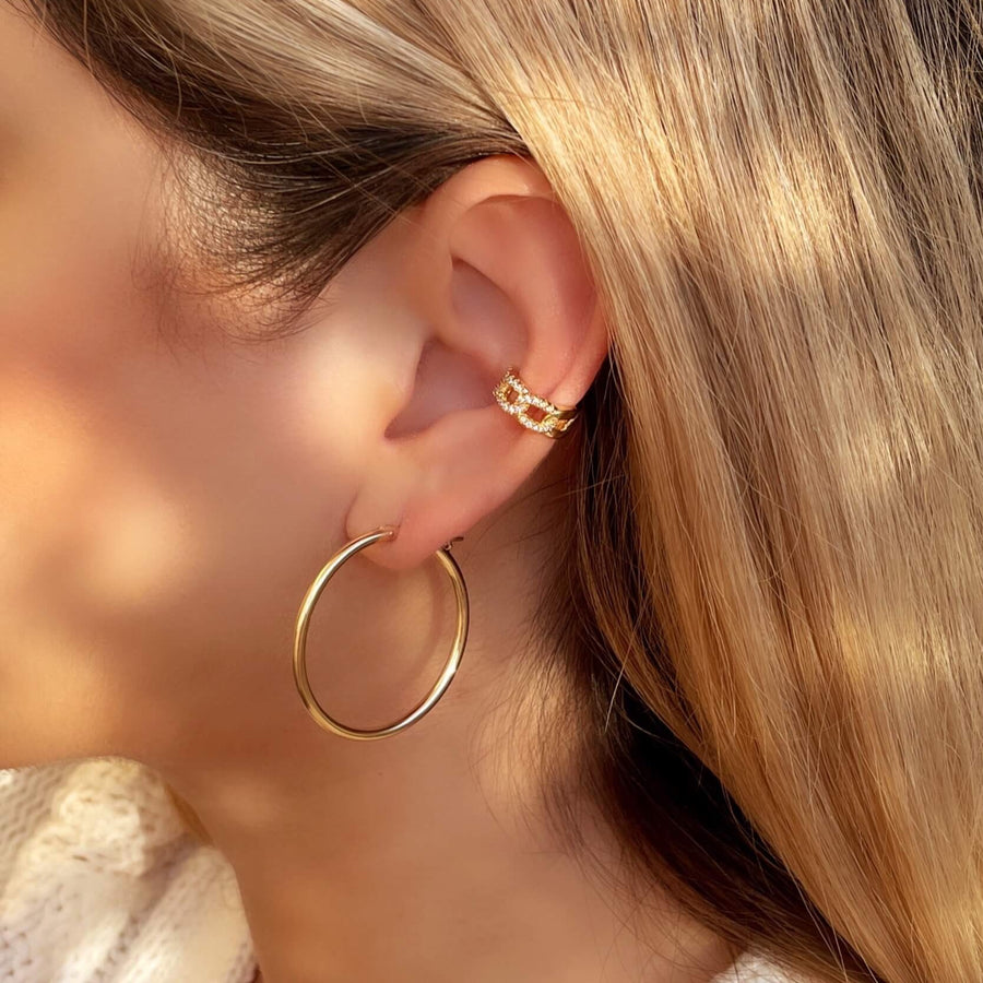 Model Wearing Chain CZ Pave Ear Cuff with Gold Basic Hoop Earrings 34mm