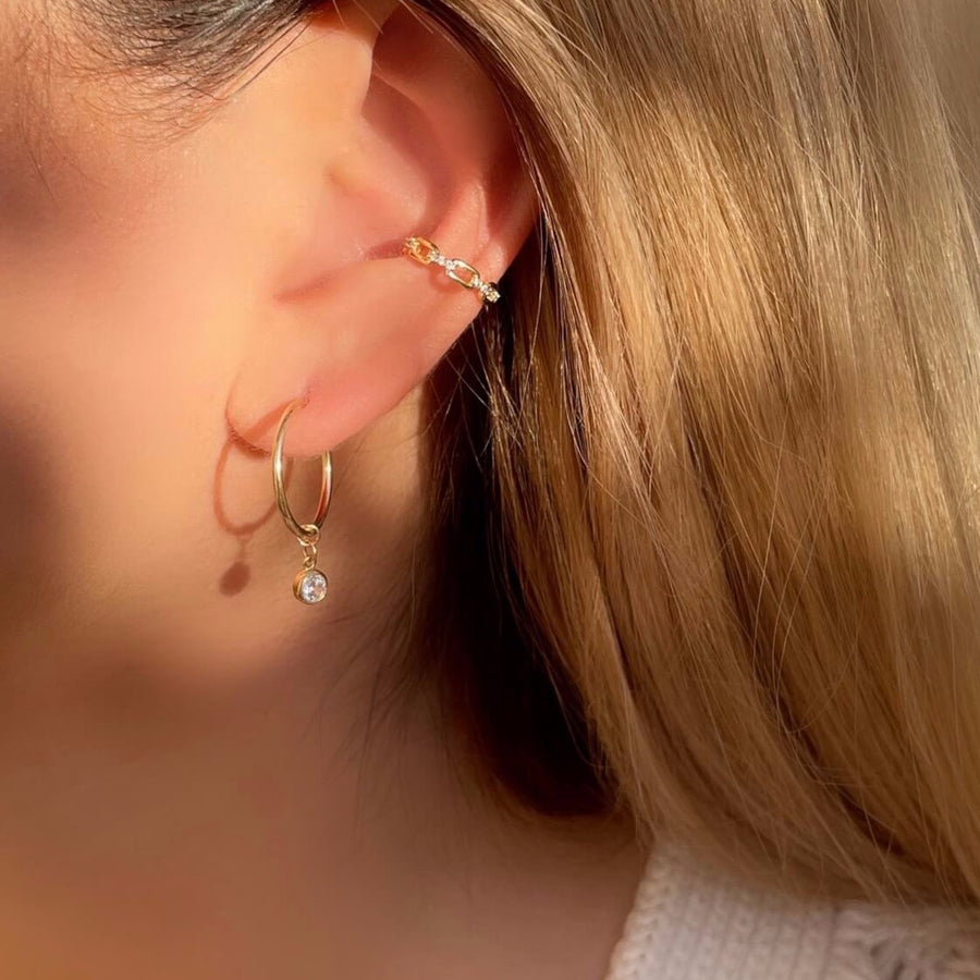 Model Wearing Link Chain CZ Pave Ear Cuff with Design Your Own Hoop Earrings - Slide On Style featuring Endless Hoop Earrings 16mm and CZ Charm