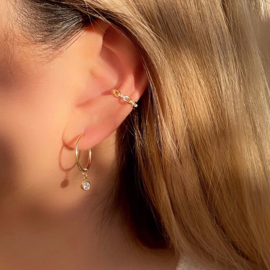 Model Wearing Link Chain CZ Pave Ear Cuff with Endless Hoop Earrings 16mm and CZ Charm