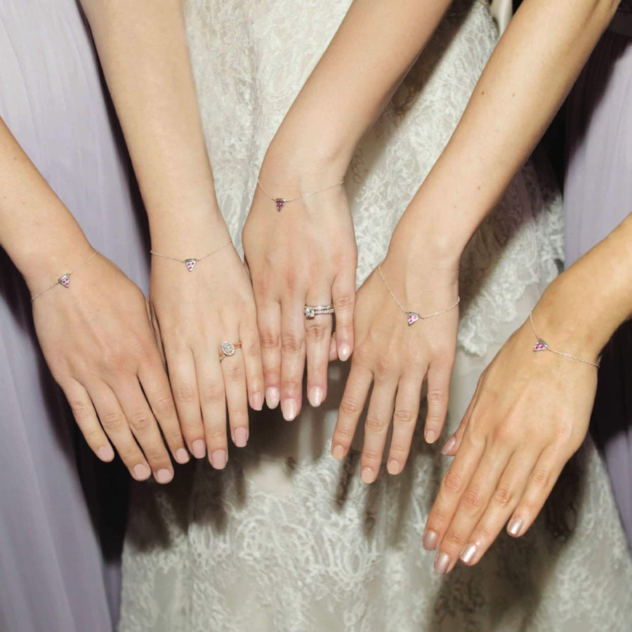 Bridesmaids Wearing Ale Weston 14k Gold Pizza Bracelets . Pepperoni Style, Featuring Ruby Gemstones