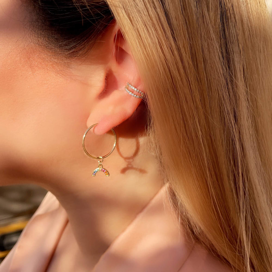 Side-Shot-of-Model-Wearing-Ale-Weston-Rainbow-CZ-Pave-Charm-with-endless-hoop-earrings
