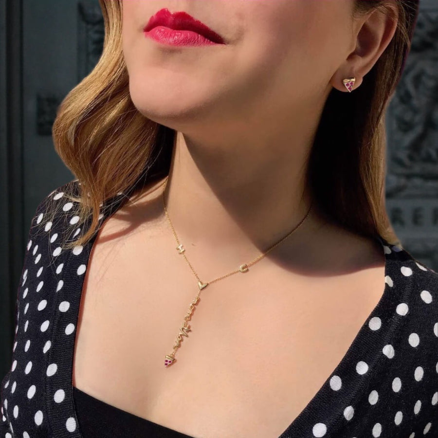Ale Weston I Love U More Than Pizza Y-Necklace - Pepperoni inspired style, Yellow Gold